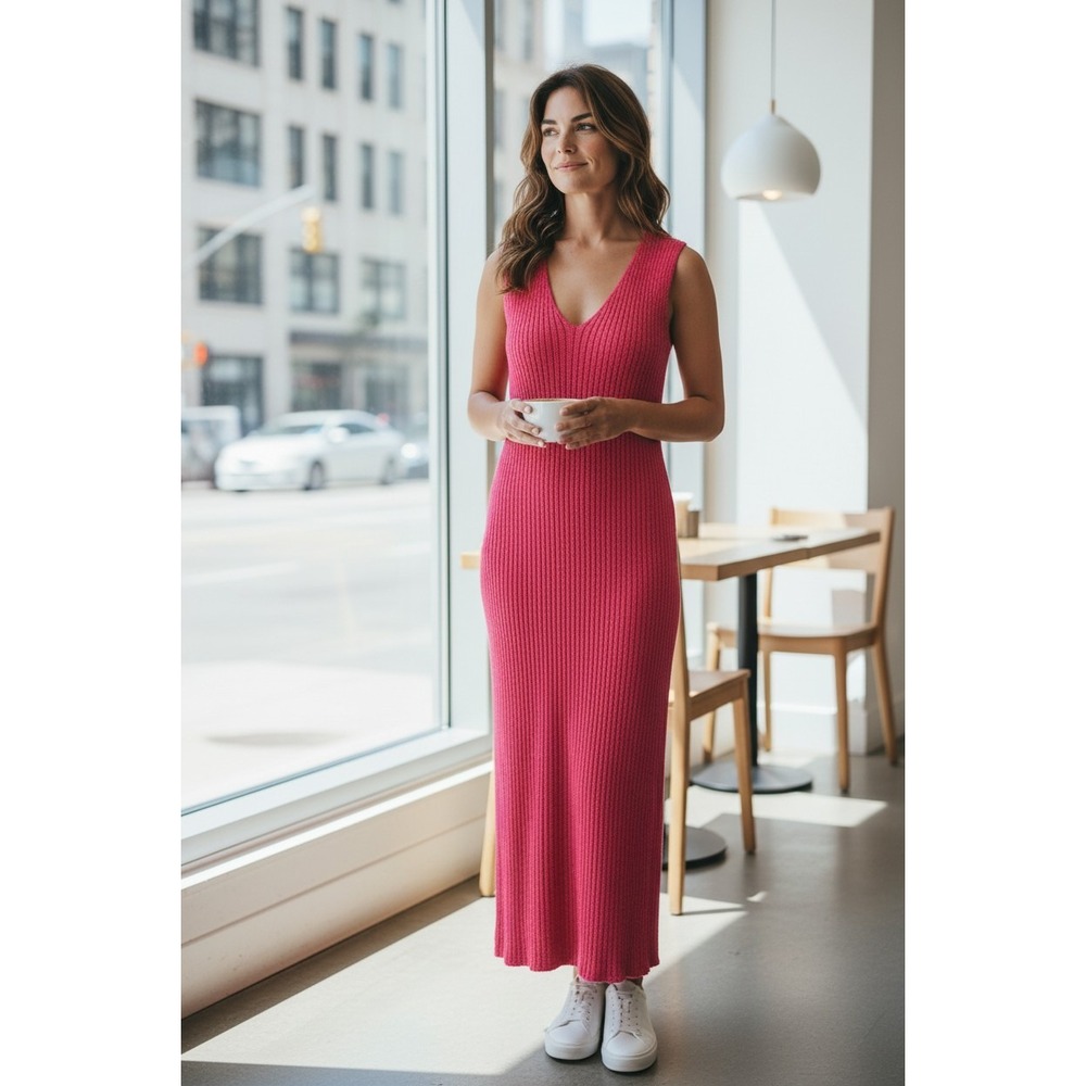 Ronny Kobo Ribbed Knit V-Neck Sleeveless Bodycon Midi Dress Pink Women's Large
